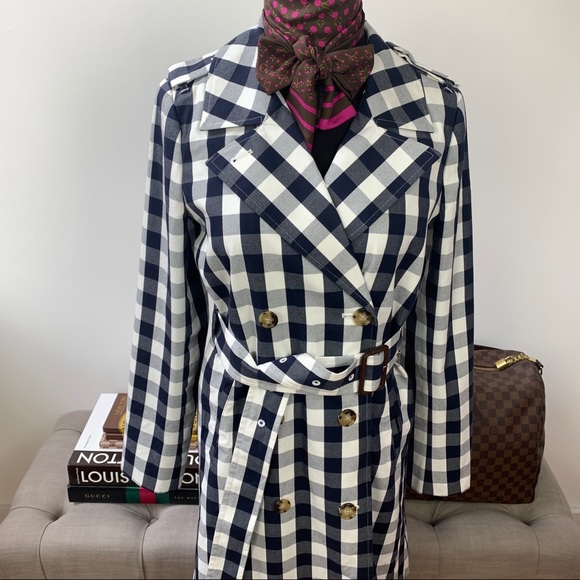J. Crew Icon Trench Coat Jacket Gingham Check Blue & White Size 2 NWT - Picture 4 of 11